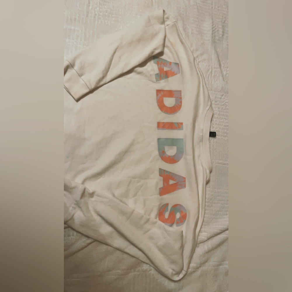 Adidas White Cropped Sweatshirt With Pastel Colored Lettering Size XS